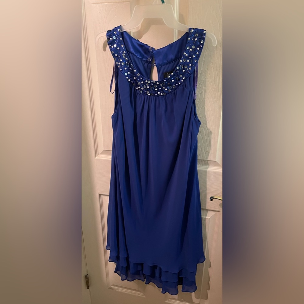 Blue Short Dress with Diamonds at neckline.